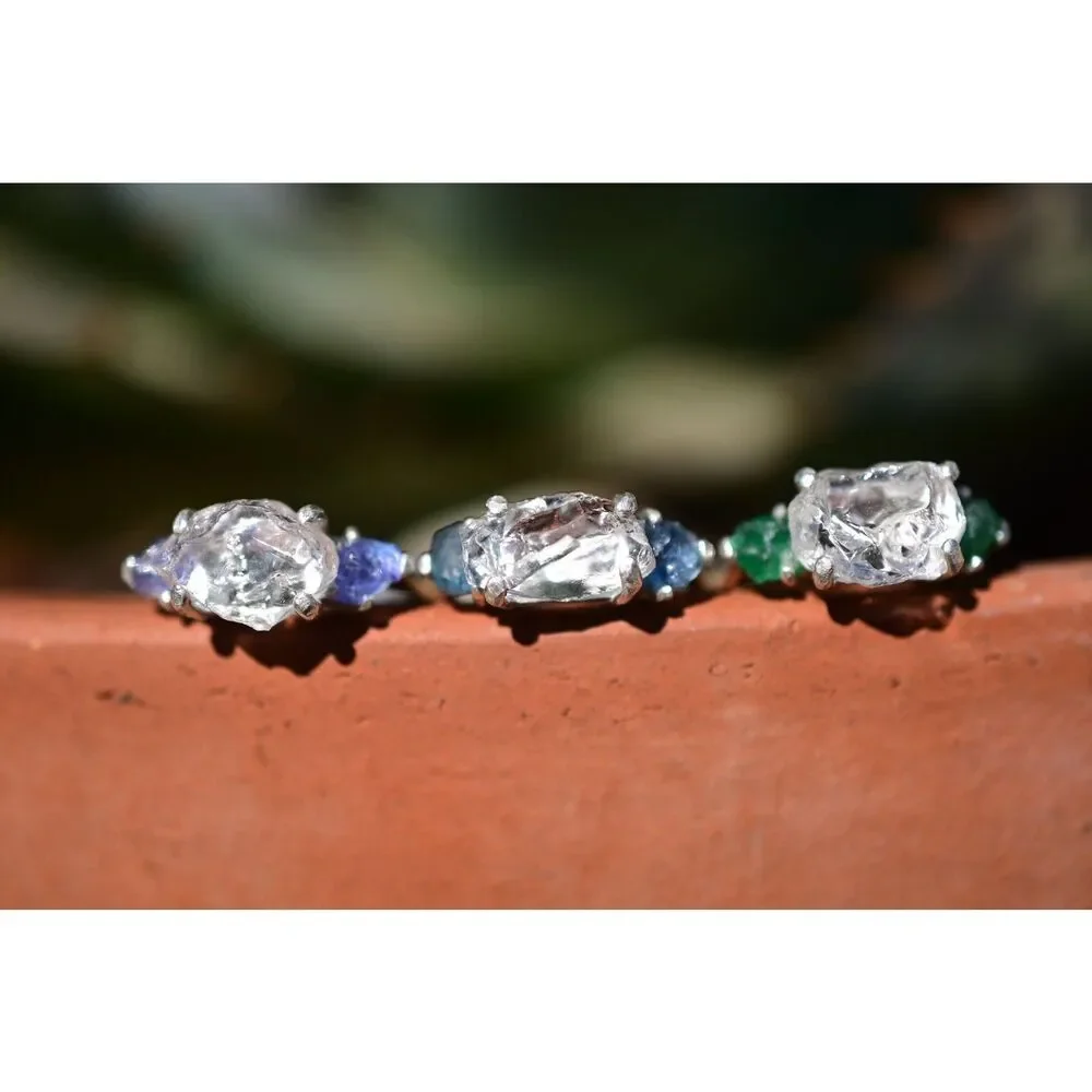 Raw stone ring Montana sapphire, herkimer diamond, aquamarine, emerald